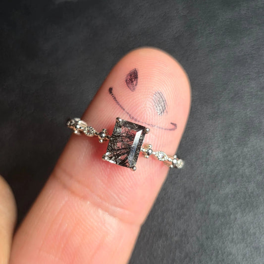 Sterling Silver 925 Black Rutilated Quartz Ring Size 10 Dainty Ornate Solitaire