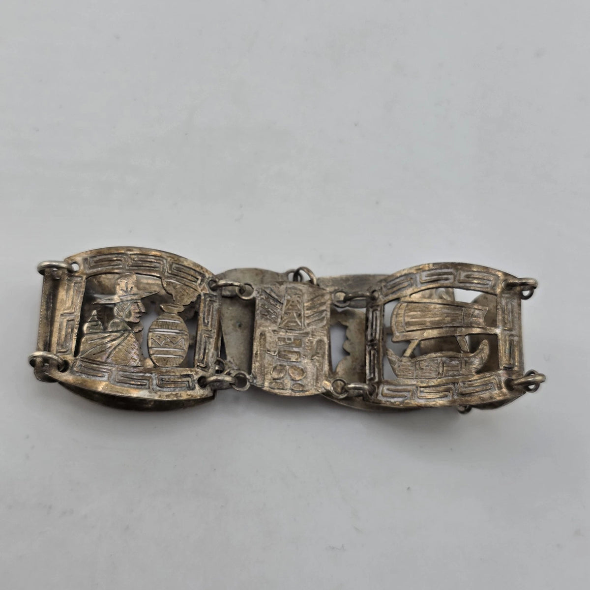 Vintage Sterling Peruvian Story Panel Link Bracelet Cultural Motif Design 15.5g
