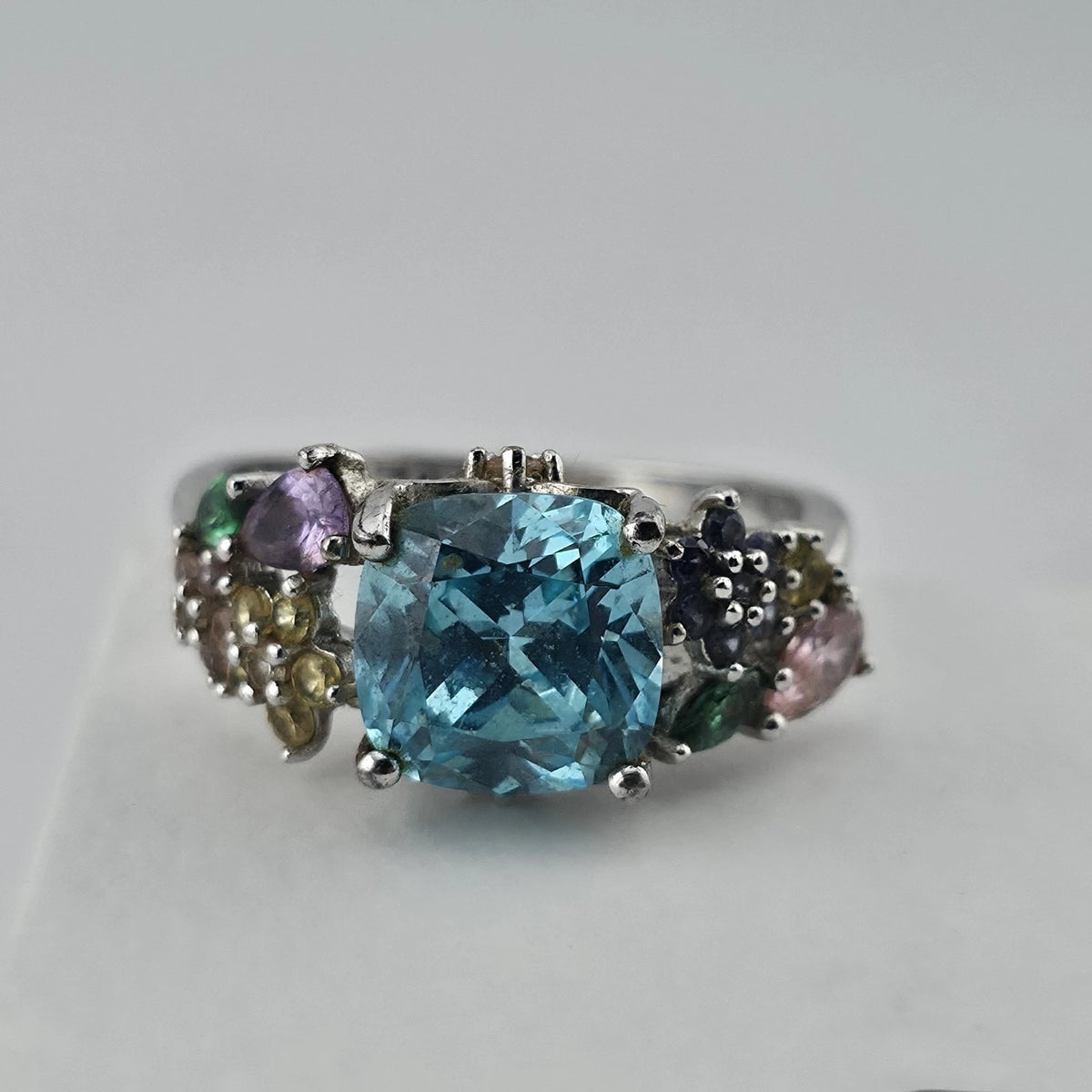 Thomas Kinkade BGE 925 Sterling Silver Multi Gem Floral Ring Blue Stone Size 9