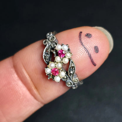 Sterling Silver 925 Pearl Floral Ring Pink Stones Sz 7 One Stone Missing