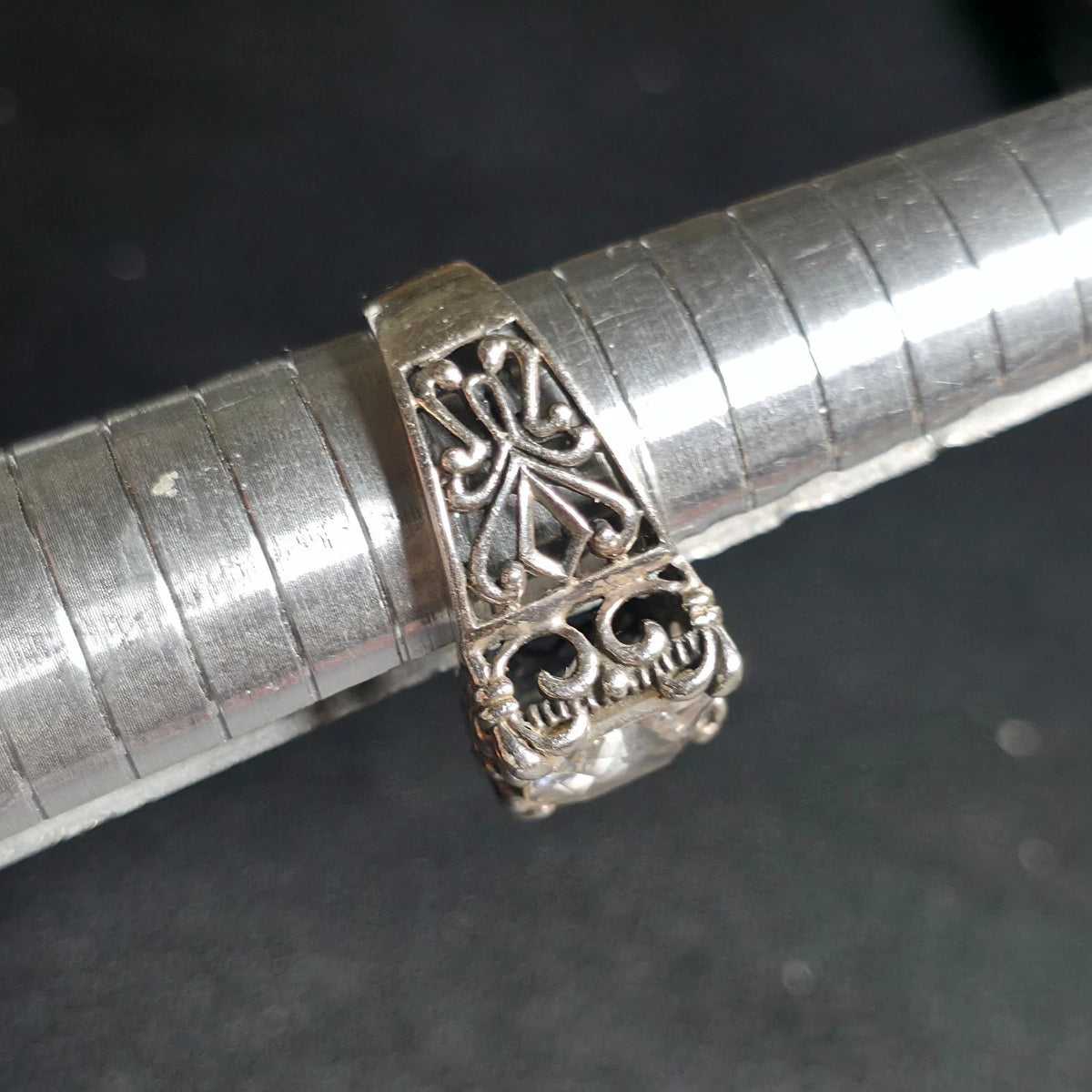 Sterling Silver 925 Filigree Square White Stone Ring Size 8.5