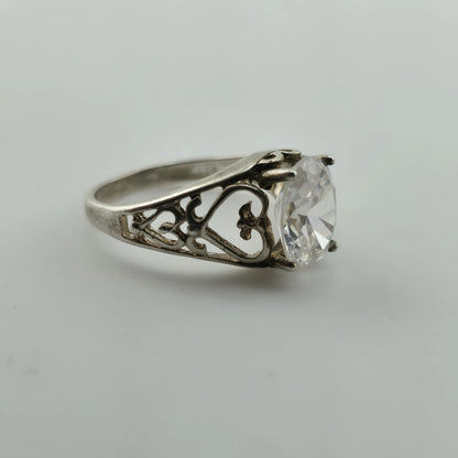 Sterling Silver 925 Large Clear Stone Ring Filigree Heart Vintage Size 7.5