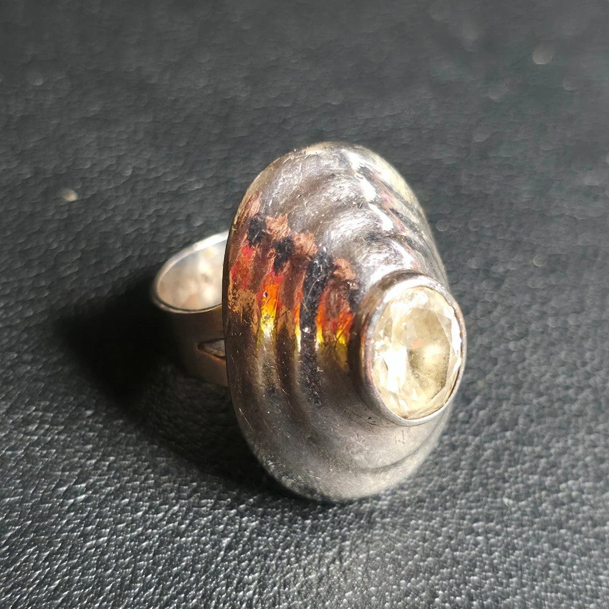 Mexico 925 Sterling Silver Dome Ribbed Ring Clear Bezel Stone Size 8