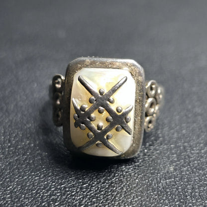 Sterling Silver 925 Mother of Pearl Statement Ring Size 7 Artisan Scroll Design