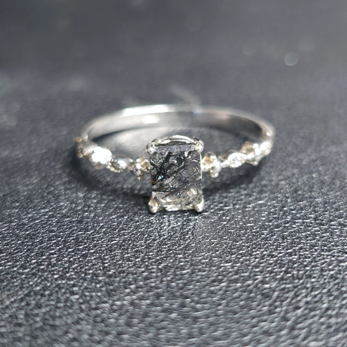 Sterling Silver 925 Black Rutilated Quartz Ring Size 10 Dainty Ornate Solitaire