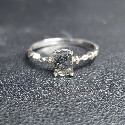 Sterling Silver 925 Black Rutilated Quartz Ring Size 10 Dainty Ornate Solitaire