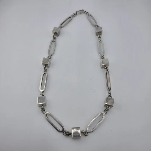 Vintage Sterling Silver 925 Mexico Geometric Cube Oval Link Necklace 80g 23"