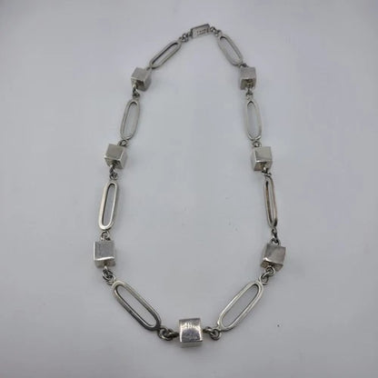 Vintage Sterling Silver 925 Mexico Geometric Cube Oval Link Necklace 80g 23"