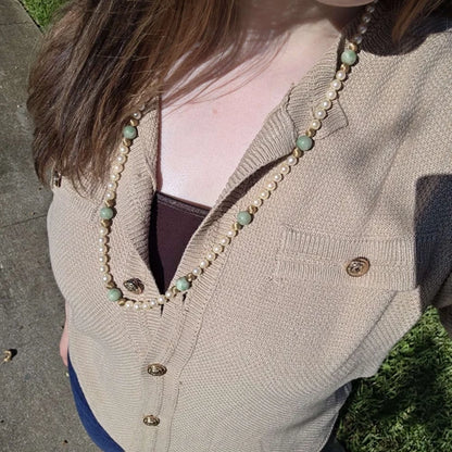 Pearl Jade Gold Beaded Necklace 30" 12K GF Beads 10K Gold Clasp Vintage