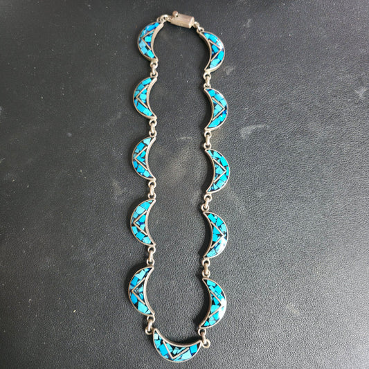 Vintage Taxco Mexico 925 Sterling Silver Turquoise Inlay Moon-Link Necklace